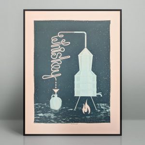 Hand silk screened art print with pot still scene inspired by the prohibition era.