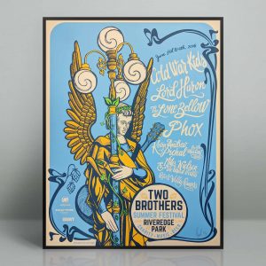 Two Brothers Summer Festival concert poster for the 2016 performances at RiverEdge Park in Aurora, Illinois. Featuring artists including Cold War Kids, Lord Huron and others.