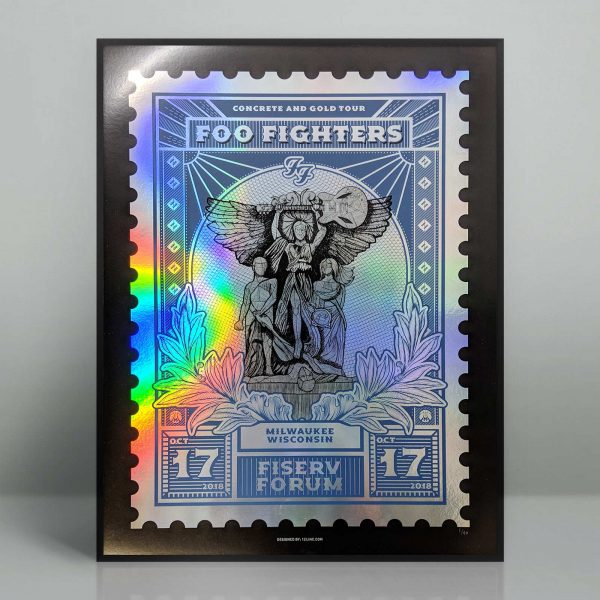 Foo Fighters foil concert poster from the October 17th, 2018 concert at the Fiserv Forum in Milwaukee, Wisconsin.