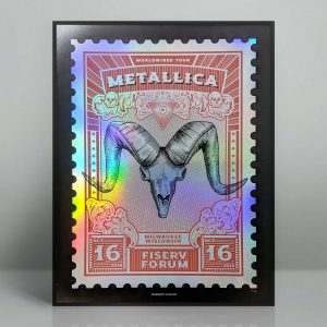 Metallica foil concert poster from the October 16th, 2018 concert at the Fiserv Forum in Milwaukee, Wisconsin.