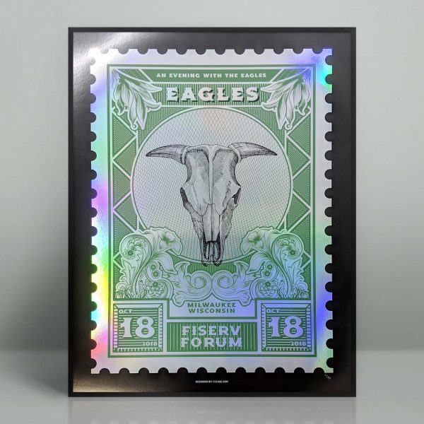 Eagles foil concert poster from the October 18th, 2018 concert at the Fiserv Forum in Milwaukee, Wisconsin.