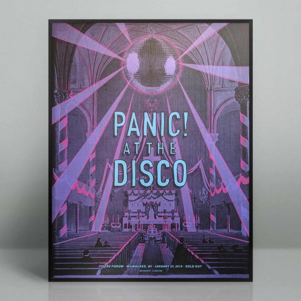 Hand silk screened Panic! At the Disco concert poster for the January 27th 2019 performance at the Fiserv Forum in Milwaukee, Wisconsin.