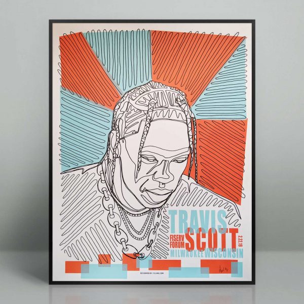 Hand silk screened Travis Scott concert poster for the February 22nd, 2019 performance at the Fiserv Forum in Milwaukee, Wisconsin.