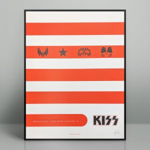 Hand silk screened Kiss concert poster on startbust foil for the March 1st, 2019 performance at the Fiserv Forum in Milwaukee, Wisconsin.