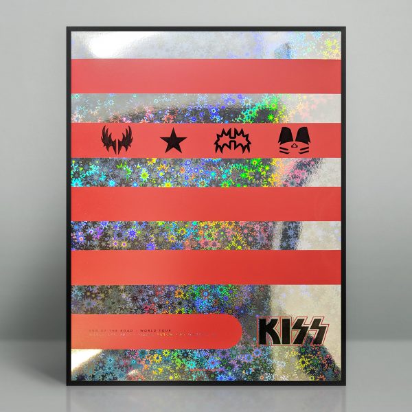 Hand silk screened Kiss concert poster on starburst foil for the March 1st, 2019 performance at the Fiserv Forum in Milwaukee, Wisconsin.