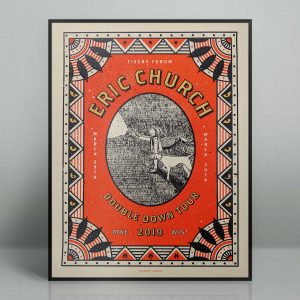 Hand silk screened Eric Church concert poster for the March 29th and March 30th, 2019 performances at the Fiserv Forum in Milwaukee, Wisconsin.