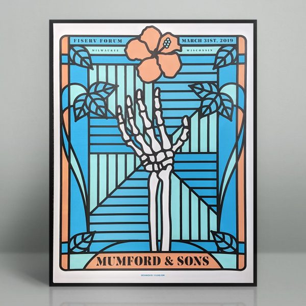 Hand silk screened Mumford and Sons concert poster for the March 31st, 2019 performance at the Fiserv Forum in Milwaukee, Wisconsin.