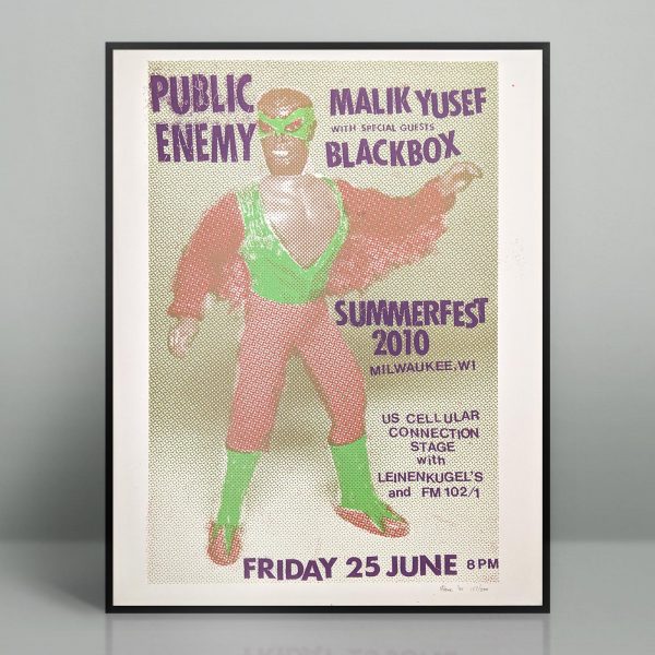 Hand silk screened Public Enemy poster for the June 25th, 2010 performance at Summerfest in Milwaukee, Wisconsin. Designed and printed by our friend Steve Walters of Screwball Press