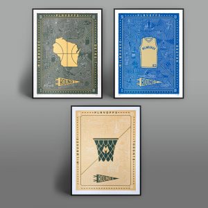 Celebrate the Bucks magical 2019 season with this set of three hand-printed silk screen posters commemorating their 2019 NBA Playoffs run. One poster was designed for each round the Bucks played in during the 2019 NBA Playoffs. Fear the Deer!