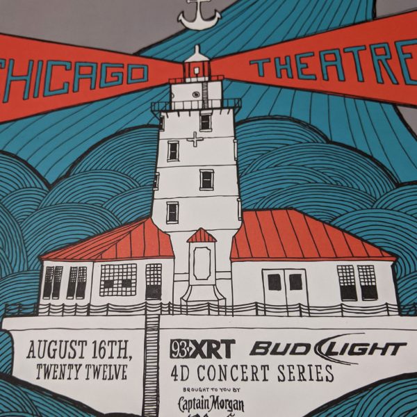 Mumford and Sons concert poster with special guest Dawes. From their August 16th, 2012 performance at the Chicago Theatre in Chicago, Illinois, as part of the 4D concert series sponsored by WXRT, Bud Light and Captain Morgan Black. 